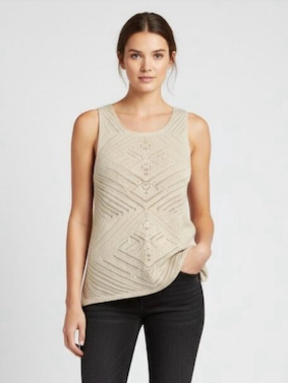 Rewind Crochet Tank Top Geometric Knit Sleeveless Boho Beige Medium